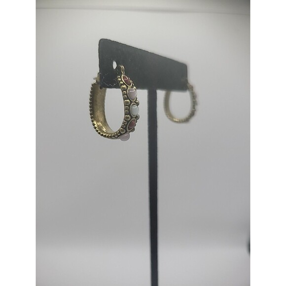 Vintage Gold Tone Hoop Earrings Stones Pierced Jewelry Costume - Picture 3 of 10